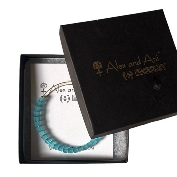 Alex and Ani Light Blue Beaded Energy Gold Bangle Bracelet - Picture 4 of 4